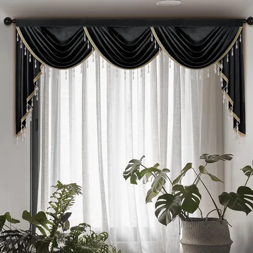 Vista 36 de Cenefas de cortina de terciopelo negro de lujo para sala de estar con cuentas (39 pulgadas, 1 panel)