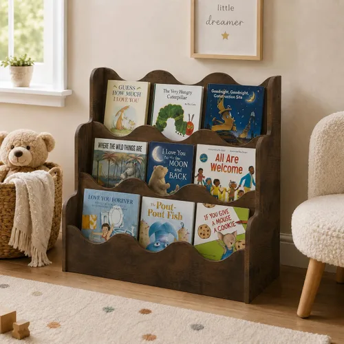 Vista 13 de NACHES Estantería Montessori de 4 niveles para niños, estante de madera con diseño festoneado, organizador de juguetes para guardería, dormitorio