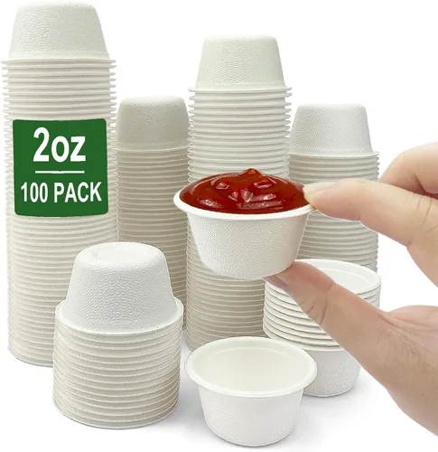 Vista 7 de CAMKYDE Vasos de Soufflé Desechables de Fibra de Bagazo de 2 oz, Paquete de 100, Vasos para Condimentos 100% Naturales Biodegradables Compostables