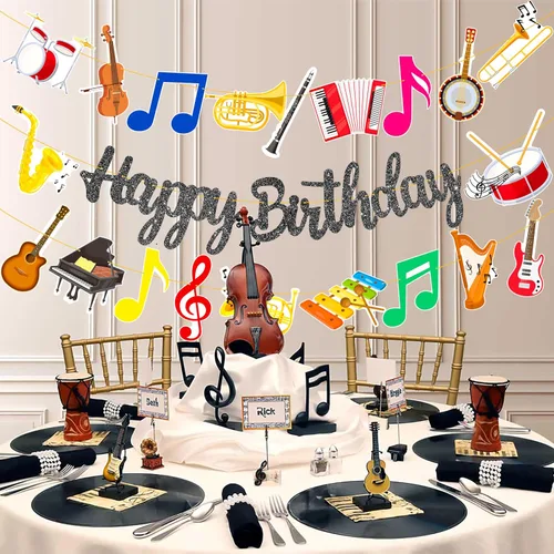 Vista 7 de Cartel de fiesta de cumpleaños con purpurina negra para instrumentos musicales, guirnalda de instrumentos musicales para tema de músico, suministros