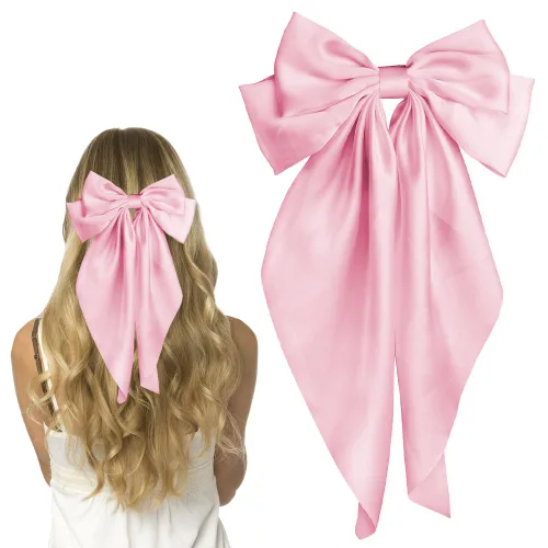 Vista 4 de Pufandor - Lazo para el cabello de satén sedoso para mujeres, lazos rojos para niñas, pasadores de lazo, cola larga con clips, lazos grandes