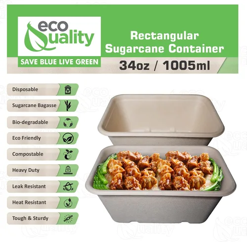 Vista 2 de Cuencos desechables de 34 onzas – Cuencos rectangulares compostables de fibra de caña de azúcar, biodegradables, ecológicos, oblongos, para llevar