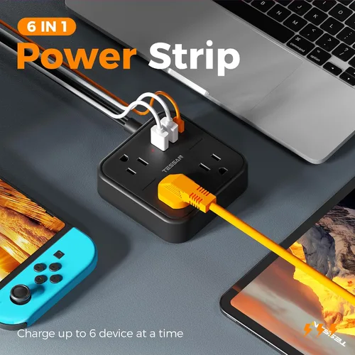 Vista 2 de TESSAN - Cable de extensión plano ultradelgado de 5 pies, color negro Slim Power Strip with USB Ports (1 USB C), Surge Protector, Flat Plug Wall