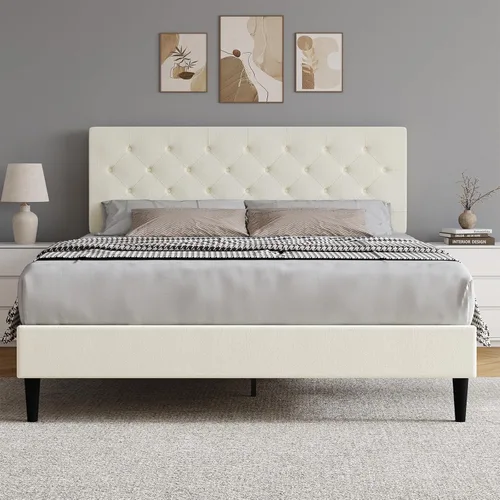 Vista 19 de HOMBCK Base de cama de tamaño individual con cabecera, base de cama tapizada con plataforma de lino para niños, base de cama de tamaño individual