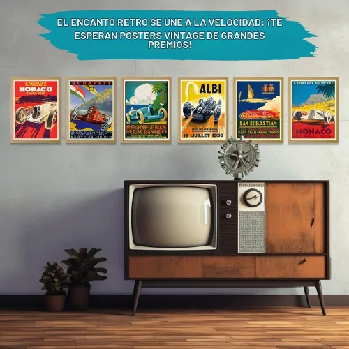 Vista 5 de Wallbuddy Juego de 6 pósteres de coche vintage, arte de pared de carreras