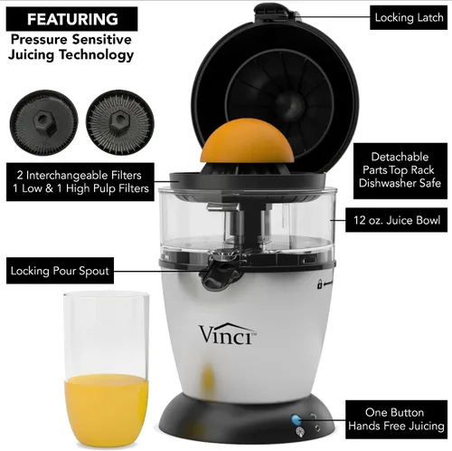 Vista 5 de Vinci Exprimidor Eléctrico de Cítricos Manos Libres, Máquina Exprimidora de 1 Botón, Exprimidor de Naranja Lima Pomelo Limón, Exprimidor de Naranja