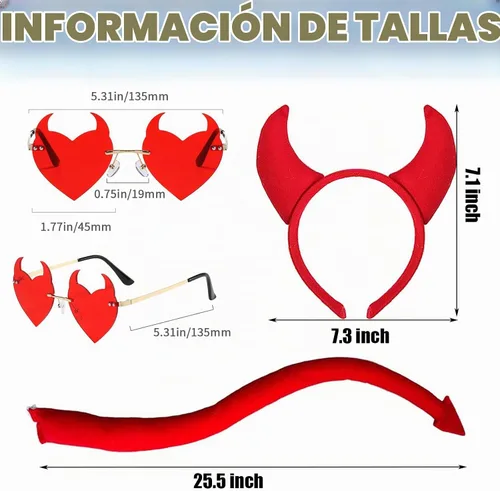 Vista 7 de Disfraz de demonio para Halloween, diadema de cuernos, cola y lentes de sol de corazón para fiesta de cosplay