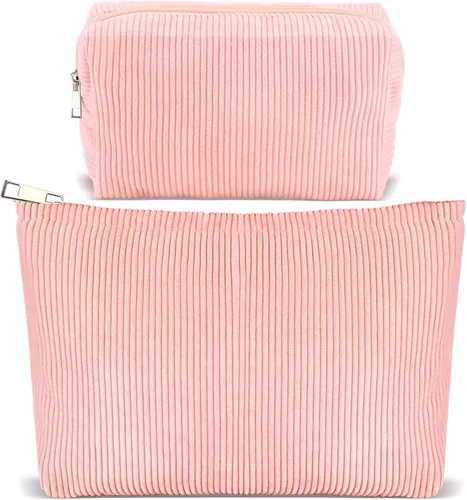 Vista 8 de Juego de 2 bolsas de maquillaje de flores con diseño floral para viajes para mujeres y niñas, bolsa de maquillaje grande con cremallera pequeña