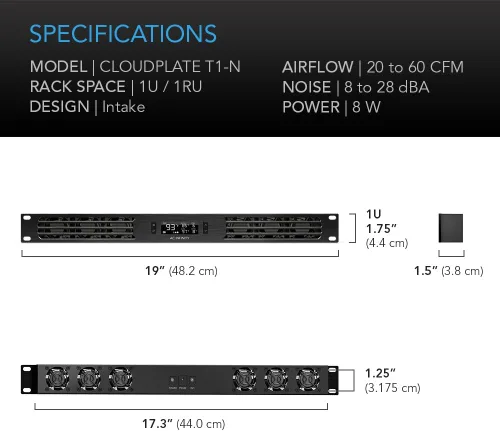 Vista 6 de AC Infinity CLOUDPLATE T1-N, panel de ventilador de montaje en rack 1U, flujo de aire de admisión, para refrigeración AV, cine en casa, racks de red