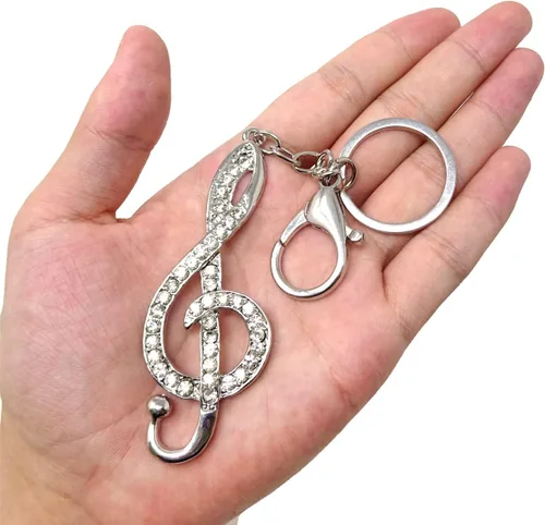 Vista 3 de Honbay 1 llavero de metal con diamantes de imitación para notas musicales, símbolo de música brillante, llavero para bolso, cartera, teléfono