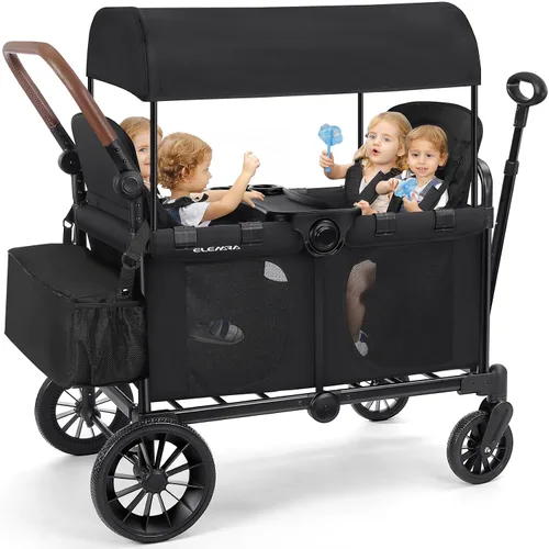 Vista 11 de ELEMARA Cochecito de 4 plazas, cochecito premium para 4 niños, plegable todo terreno para niños con toldo, asas ajustables de empujar/jalar, asiento