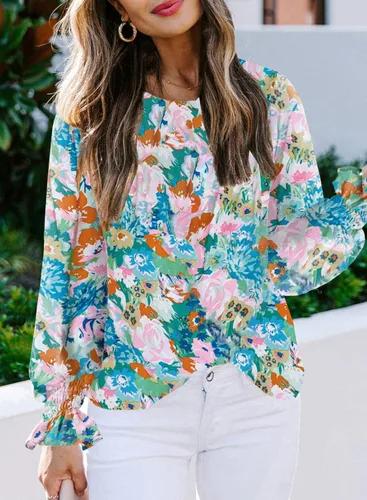 Vista 3 de EVALESS Blusas de gasa sueltas con cuello redondo y manga larga para mujer, estilo bohemio, estampado floral, blusas