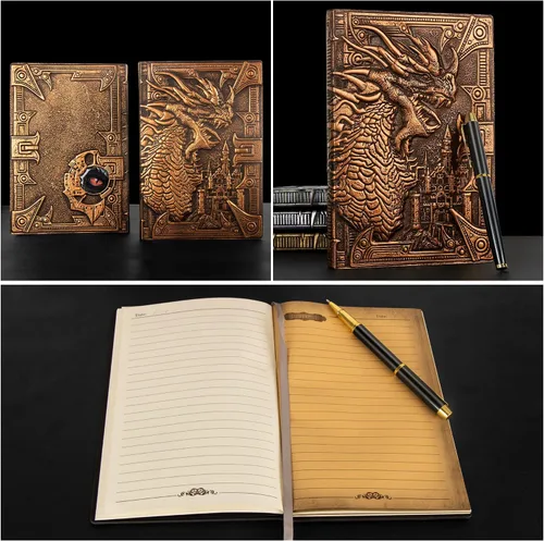 Vista 4 de DND - Cuaderno de Dungeon and Dragon de cuero en relieve 3D, diario de dragón con bolígrafo negro y funda para bolígrafo, diario de viaje vintage