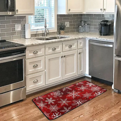 Vista 2 de Alfombra de Navidad para cocina, patrón rojo con copos de nieve, flores, tapete de baño, alfombras antideslizantes para baño, cocina, interiores, 39