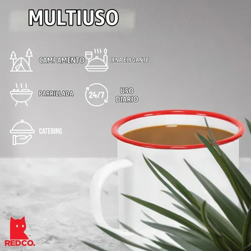 Vista 6 de Red Co. Enamelware - Taza redonda de metal para café y té de 22 onzas con asa, borde blanco y rojo sólido