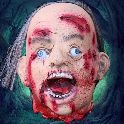 Vista 7 de RiceelSor Decoración colgante de cabeza dividida para Halloween, diseño de cadáver sangriento, de terror, de tamaño real, con peluca, disfraz