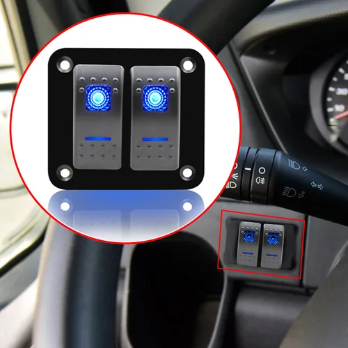 Vista 7 de FXC Interruptor basculante Panel de aluminio 2 Gang Interruptores de palanca Dash 5 Pin ON/OFF 2 LED retroiluminado para barco coche azul marino