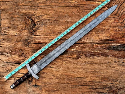 Vista 2 de Espada vikinga de acero de Damasco hecha a mano/espada medieval con funda de cuero.