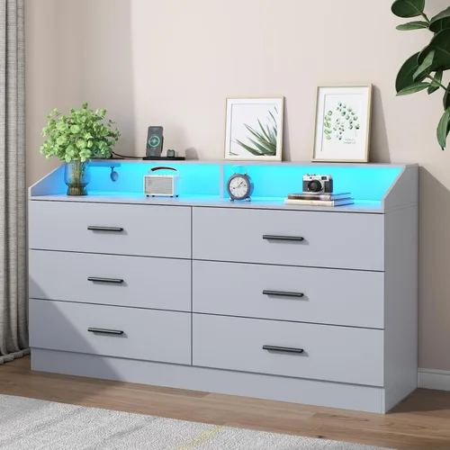 Vista 17 de Gyfimoie Cómoda de 6 cajones con toma de corriente, cómoda con luz LED, cómoda moderna con cubículo de almacenamiento abierto, organizador de Negro