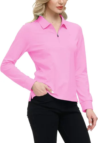 Vista 48 de JINSHI Polo de golf para mujer, de manga larga, con cremallera, deportiva, de secado rápido, atlética, casual, ajustada