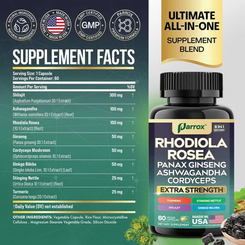 Vista 2 de Rhodiola Rosea Panax Ginseng Ashwagandha Cordyceps Champiñón Cúrcuma Ginkgo Biloba Ortiga Adaptógeno Mezcla Suplemento Cápsulas para Apoyo Diario