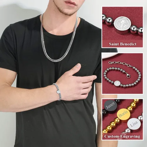 Vista 4 de FaithHeart Pulsera de cadena para hombre acero inoxidablechapado en oro de 18 quilates pulsera de cruz cristiana joyería religiosa que puede grabar