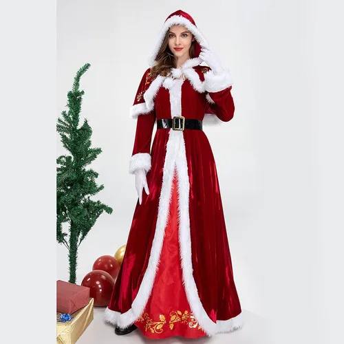 Vista 5 de Sinifer 4 piezas de lujo de Mrs. Santa Claus terciopelo con capucha para mujer