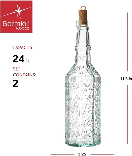 Vista 2 de Bormioli Rocco Juego de 2 botellas Country Home Fiesole de 24 onzas con tapa de corcho natural, cristal de estrella teñido azul-verde, diseño