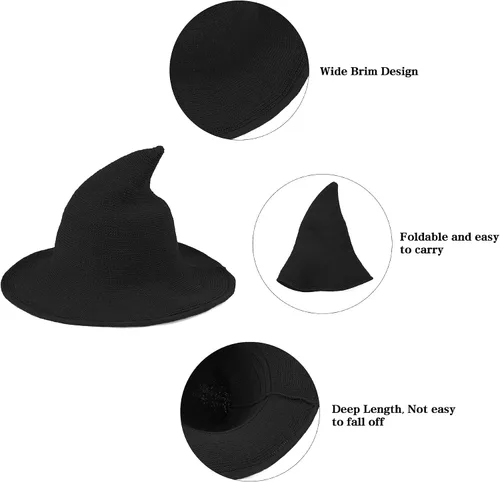 Vista 2 de Century Star Sombrero de bruja para mujer para Halloween, sombreros de lana de ala ancha, gorra de punto Spire para fiesta y uso diario