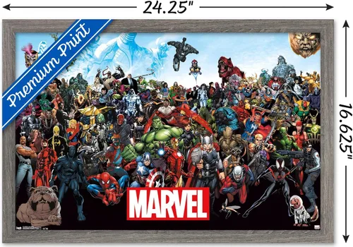 Vista 3 de Marvel Comics The Marvel Lineup - Póster de pared, 22.4 pulgadas de largo x 14.7 pulgadas de ancho, versión enmarcada de madera de granero