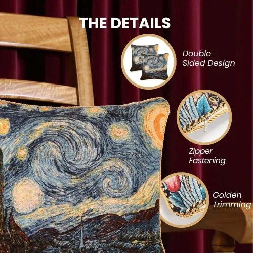 Vista 3 de Signare Van Gogh Artist Tapestry - Funda de almohada cuadrada de doble cara de 18 x 18 pulgadas (sin relleno) en diseño de noche estrellada