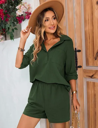 Vista 3 de Zeagoo Conjunto de 2 piezas para mujer, conjunto de ropa de descanso de algodón y lino, camisa de manga larga con cuello en V y pantalones cortos