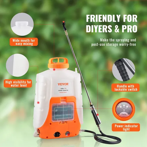 Vista 6 de VEVOR Pulverizador de mochila alimentado por batería, presión ajustable de 0-90 PSI, tanque de 4 galones, rociador de mochila con 8 boquillas y 2