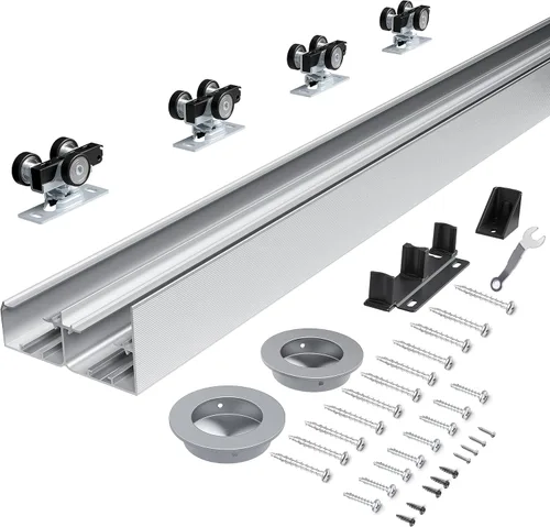 Vista 8 de Herrajes para puerta corredera de 4 pies, kit de riel de puerta de armario, estilo de montaje superior, hecho de aluminio resistente, suave