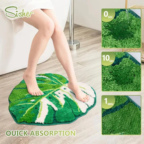 Vista 5 de Sisher Alfombra de baño de hojas verdes, alfombra grande Monstera para niños, alfombra de hoja verde, antideslizante, cómoda alfombra