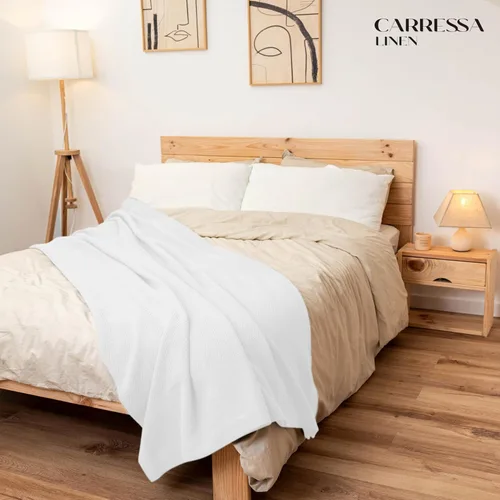 Vista 5 de Carressa Linen Manta de algodón puro, lujosa manta blanca tamaño King con patrón de espiga, ligera, suave y acogedora, manta premium para cama