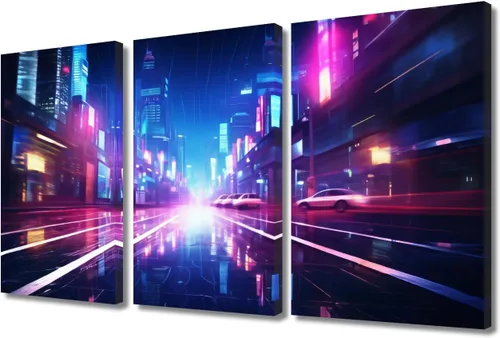 Vista 27 de Lienzo decorativo para pared de sala de estar, lienzo Cyberpunk, decoración de pared de 3 paneles, decoración de pared para el hogar, dormitorio