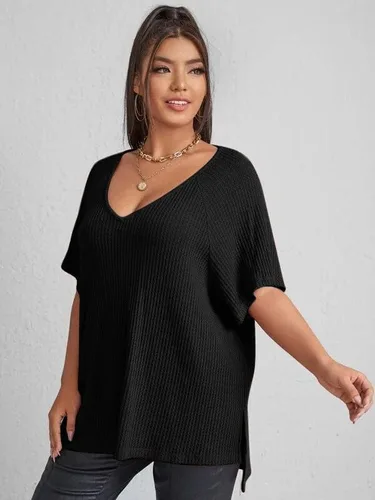 Vista 3 de SOLY HUX Camiseta de manga corta con cuello en V para mujer, talla grande, dobladillo dividido, punto gofre, de gran tamaño, casual, holgada