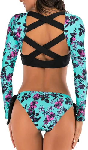 Vista 5 de JadeRich Conjunto de tankini de manga larga con patrón de moda para mujer, UPF 50+, traje de baño con protección solar
