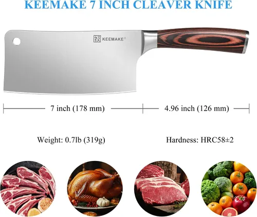 Vista 3 de Cuchillo KEEMAKE de 7 pulgadas, cuchillo para carne de servicio pesado con acero alemán de alto carbono inoxidable 1.4116, cuchillo de verduras