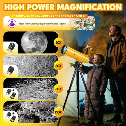 Vista 3 de MEEZAA Telescopio para adultos y niños, apertura de 80 mm, telescopio refractor portátil de 500 mm para principiantes de astronomía, telescopios