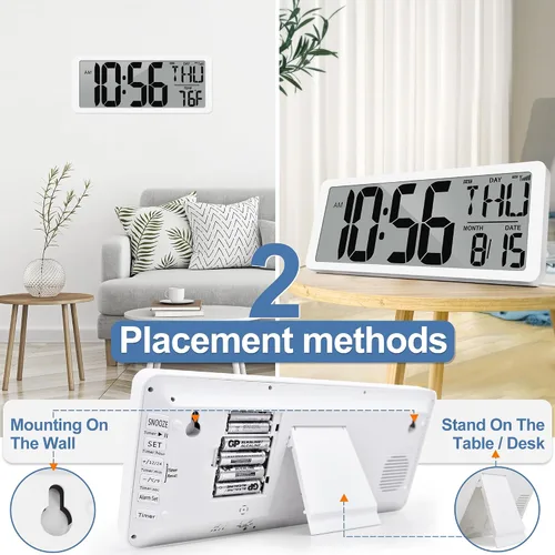 Vista 3 de Reloj Atómico 15" Reloj de Pared Digital Reloj de Pared Atómico Funciona con Pilas Reloj de Alarma Digital Grande con Día, Fecha y Temperatura