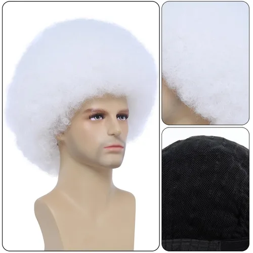 Vista 2 de Tembol Peluca afro para hombre, cabello rizado de discoteca de los años 80, perfecta para trajes de discoteca de hombres en los años 70 platino