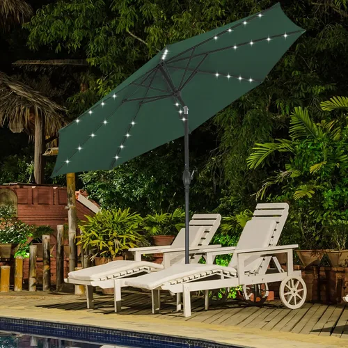 Vista 11 de Sombrilla solar de patio de 10 pies con base, 32 luces LED, sombrilla de mercado al aire libre con botón de inclinación y grietas para jardín Azul
