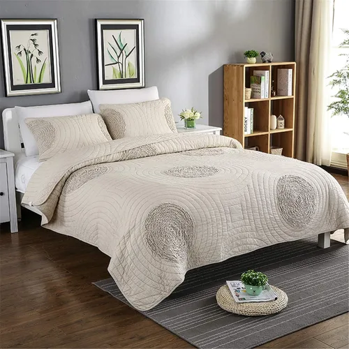 Vista 2 de ABREEZE Juego de edredón tamaño Queen, 100% algodón, color beige, con patrón floral 3D, edredones y colchas de estilo moderno con 2 fundas