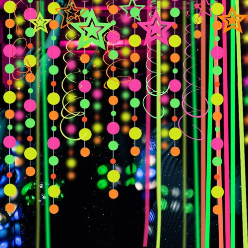 Vista 7 de Serpentinas de guirnalda de papel de neón redondas UV de 115 pies, decoraciones de luz negra para suministros de fiestas que brillan y decoraciones