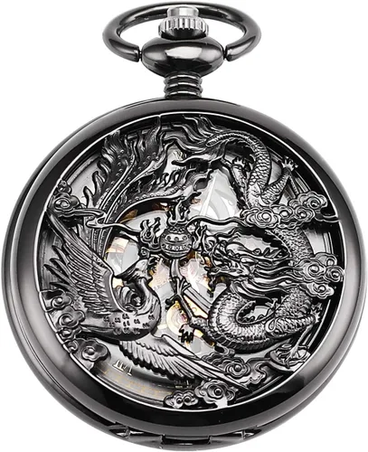 Vista 6 de ManChDa Relojes mecánicos de bolsillo grabados con esqueleto de doble cubierta con números romanos, esfera personalizada con caja y cadena