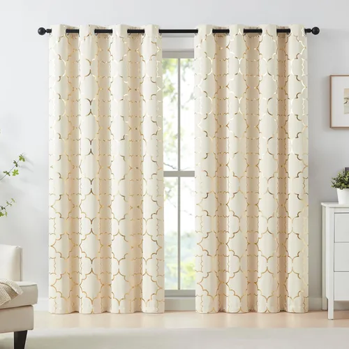 Vista 19 de Purainbow Cortinas opacas beige para dormitorio, sala de estar con paneles de impresión de lámina dorada, oscurecimiento de la habitación