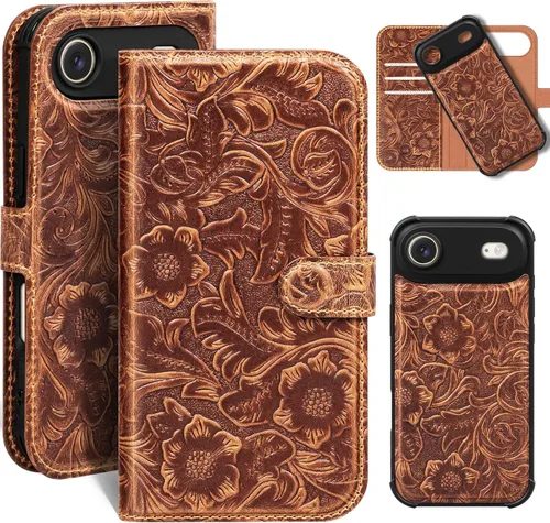 Vista 33 de Funda de cuero compatible con iPhone 16 Pro Max Cartera 6.9", cuero genuino 2 en 1, magnética, desmontable, a prueba de golpes, funda tipo folio