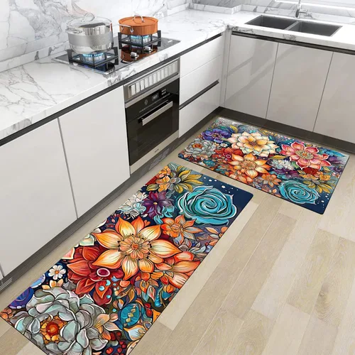 Vista 8 de Juego de 2 tapetes de cocina coloridos y bohemios con diseño floral, antideslizantes, gruesos, bohemios, con flores, acolchados, antifatiga, tapetes